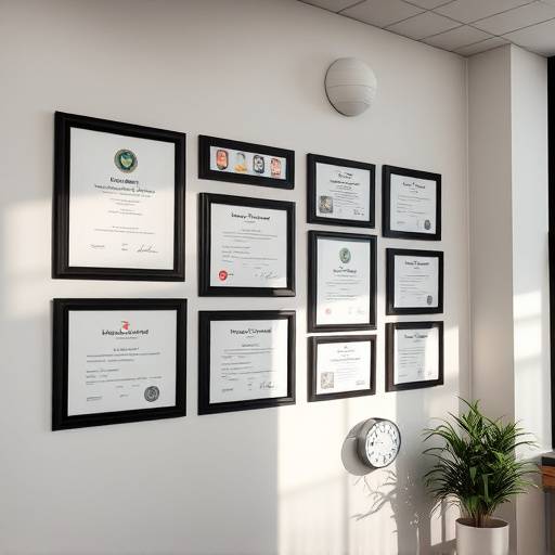 Certifications and awards displayed on the wall