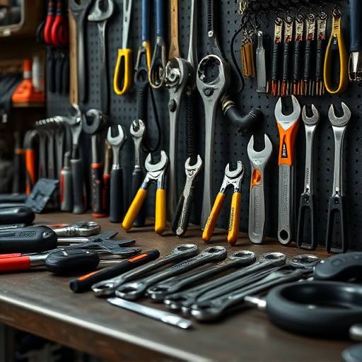 Various mechanic tools laid out on a workbench
