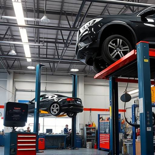 Workshop interior with various tools and car lifts